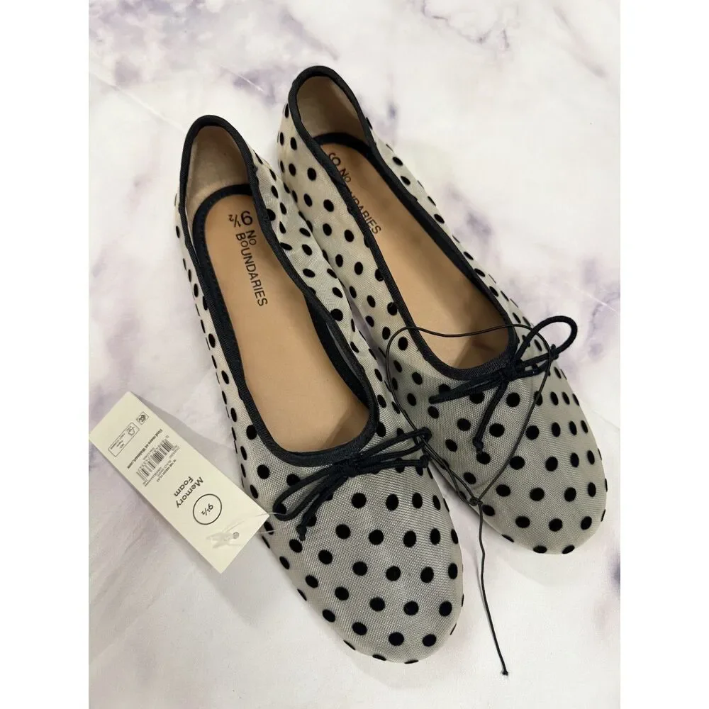 No Boundaries Women's Mesh Black White Polka Dot Ballet Flats